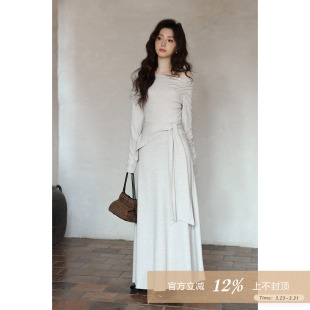 连衣裙 韩系裙子高级感独特小个子巨好看斜肩长袖 夕蒙2026新款 春季