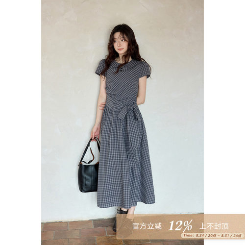 夕蒙2026新款夏季韩系好看裙子藏蓝色绑带格纹娃娃领短袖连衣裙女
