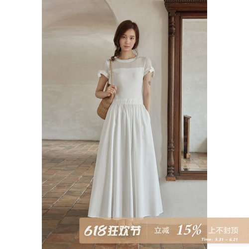 夕蒙2026新款夏季韩系好看奶乖裙子收腰白色拼接a字短袖连衣裙女