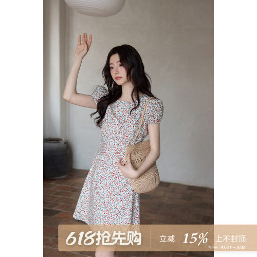夕蒙2026新款夏季韩系绝美裙子复古收腰碎花裙圆领短袖a字连衣裙