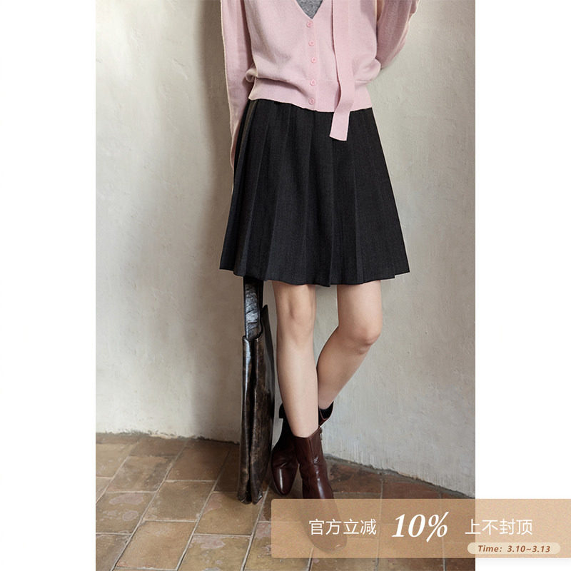 夕蒙2026新款春季韩系气质裙子绝美巨好看百褶裙小个子深灰半身裙