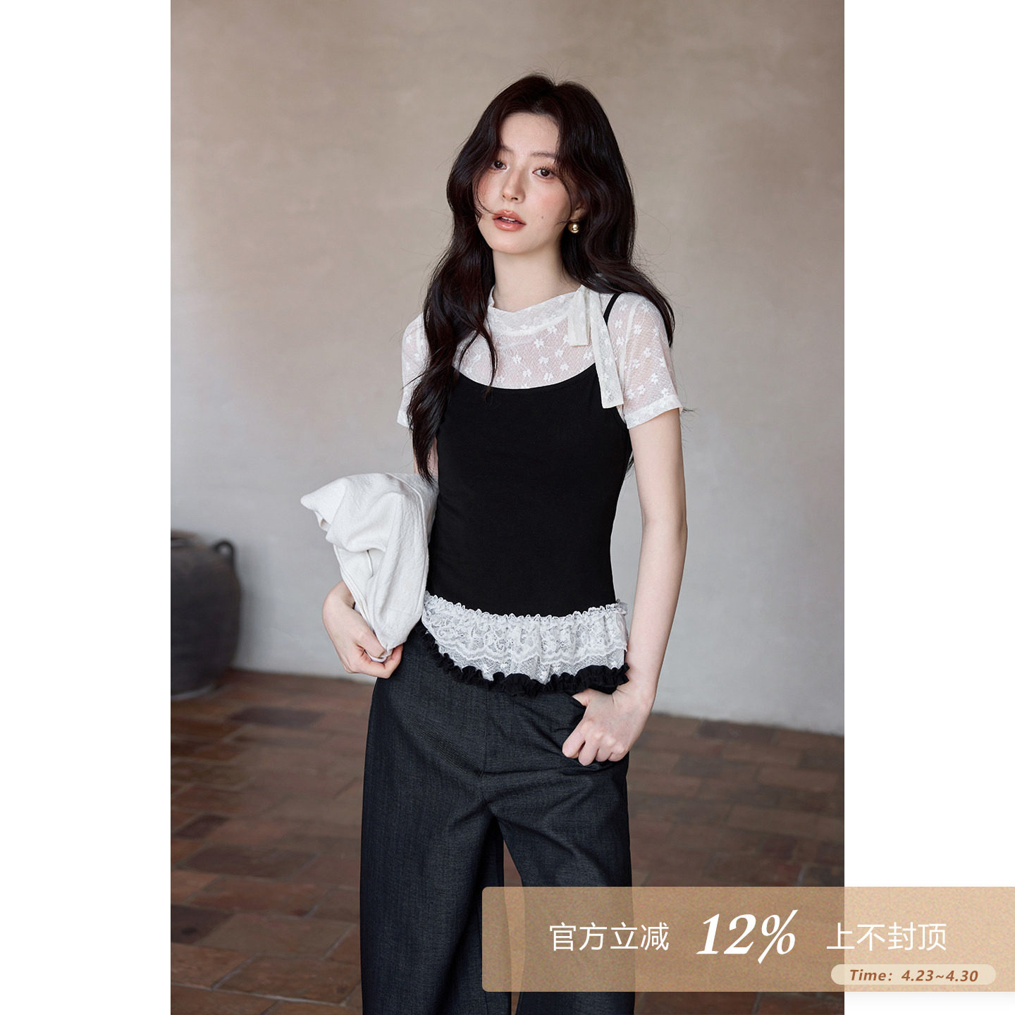 夕蒙2026新款夏季韩系气质假两件上衣拼接蕾丝花边绑带短袖t恤女