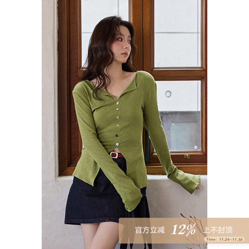 夕蒙2025新款早秋韩系高级感chic别致上衣修身气质v领长袖t恤女