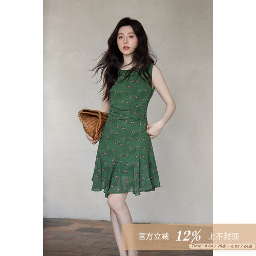 夕蒙法式小众不撞款裙子女夏季绿色掐腰碎花褶皱背心无袖连衣裙