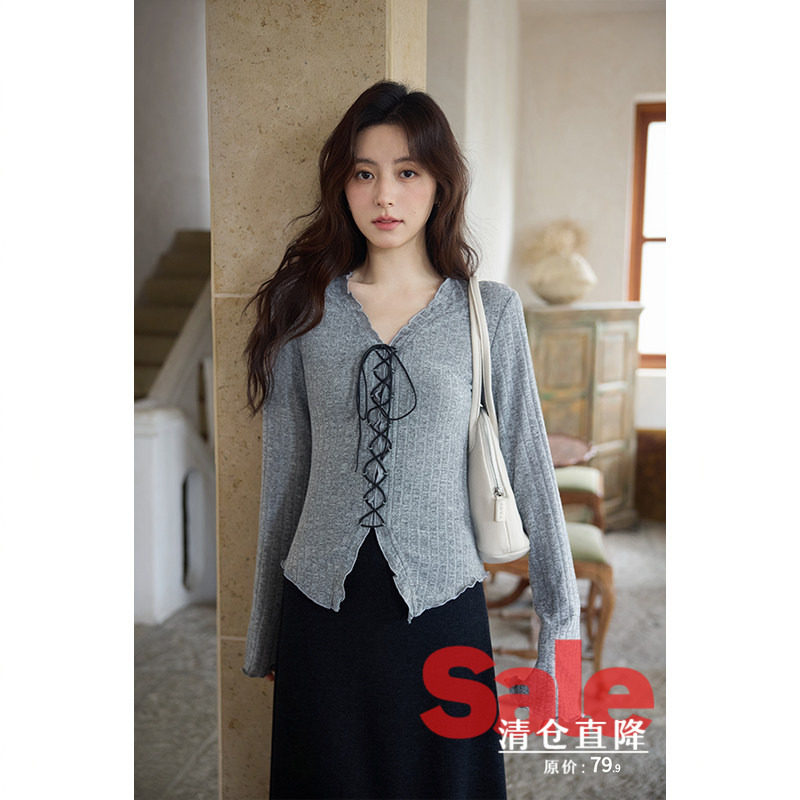 【清仓秒杀】秋韩系绝美巨好看上衣气质小众流行修身绑带长袖t恤