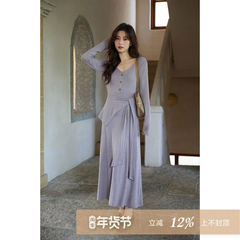 夕蒙2025新款秋韩系气质裙子小个子小众巨好看独特别致紫色连衣裙