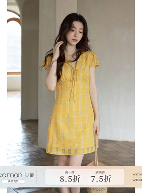 【夕蒙新品】夏季韩系气质漂亮裙子短款黄色系带泡泡袖格子连衣裙
