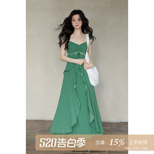夕蒙2026新款夏季韩系绝美裙子海边度假绿色荷叶边长款吊带连衣裙