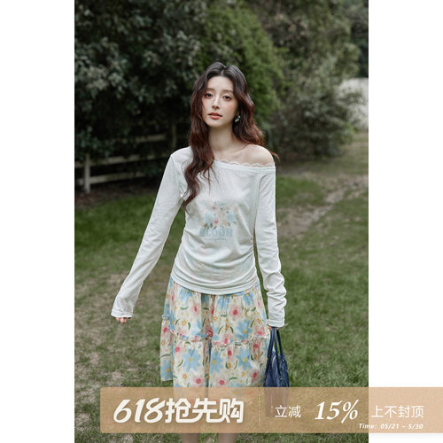 夕蒙2026新款春夏韩系好看上衣独特蕾丝拼接白色斜肩收腰长袖t恤