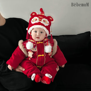 婴儿红色连体衣冬款带帽新年宝宝加厚衣服满月周岁礼服拜年喜庆服