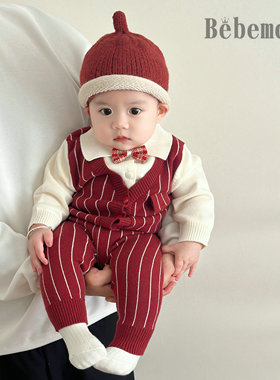 周岁新年礼服套装男宝宝衣服秋冬装百天抓周生日男婴红色西装绅士