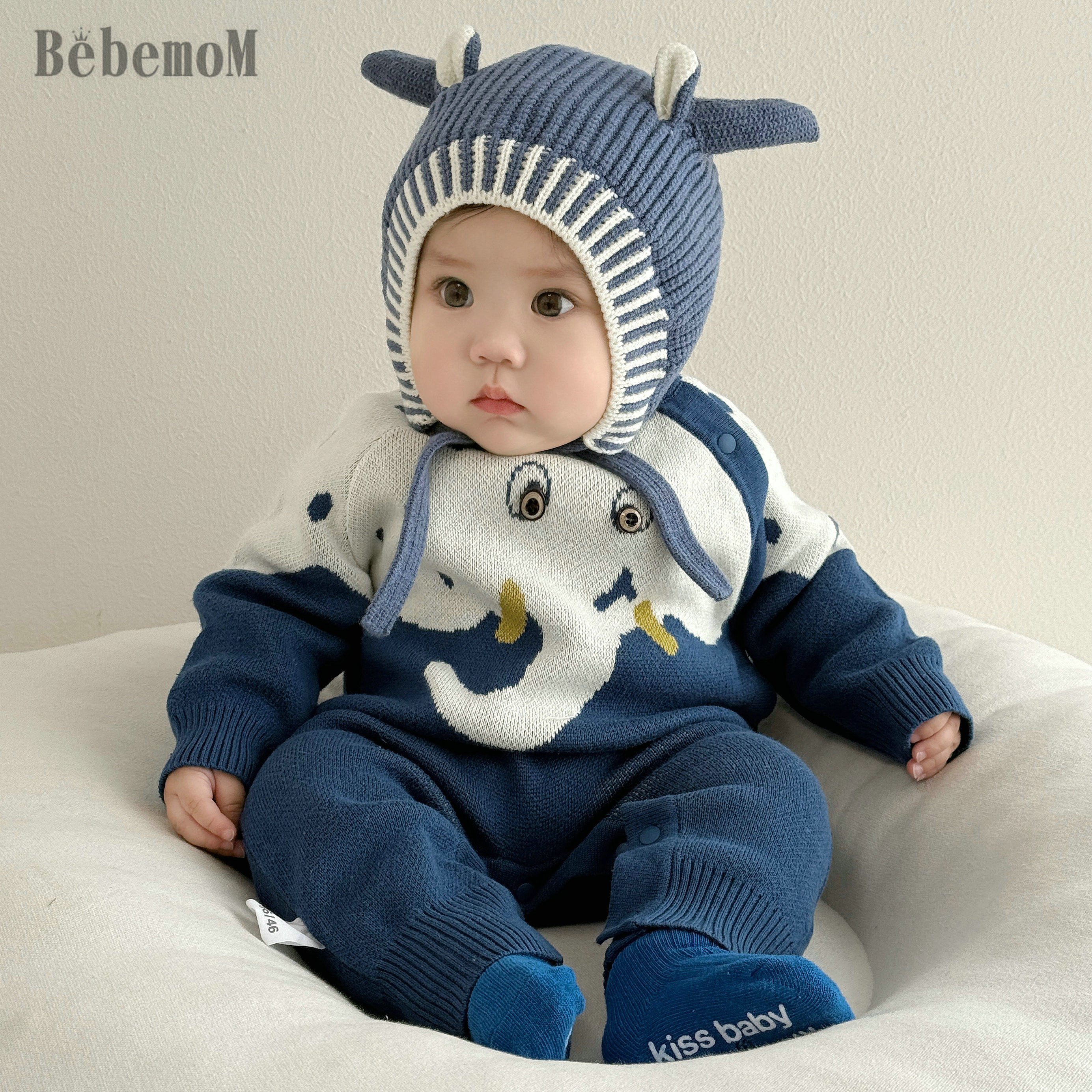 宝宝休闲卡通大象提花秋冬款针织棉纱连体衣春季萌宝哈衣爬爬服潮