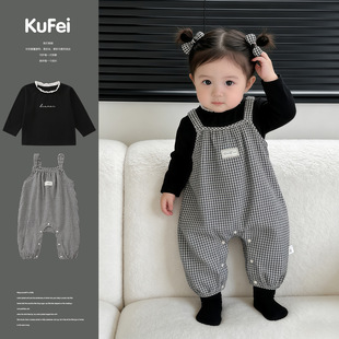 2026春季新款婴幼儿格子背带裤套装宝宝韩版连体衣打底衫两件套潮