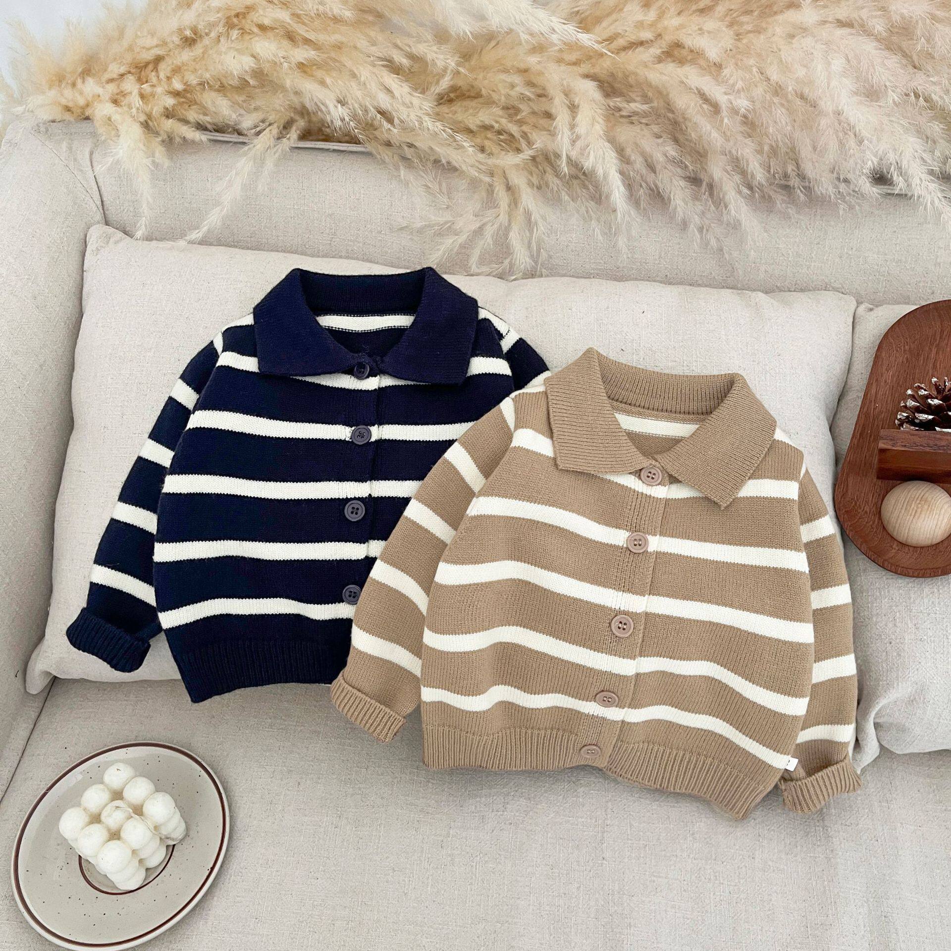 男童毛衣春装针织开衫2025新款洋气宝宝条纹上衣秋季翻领百搭外套