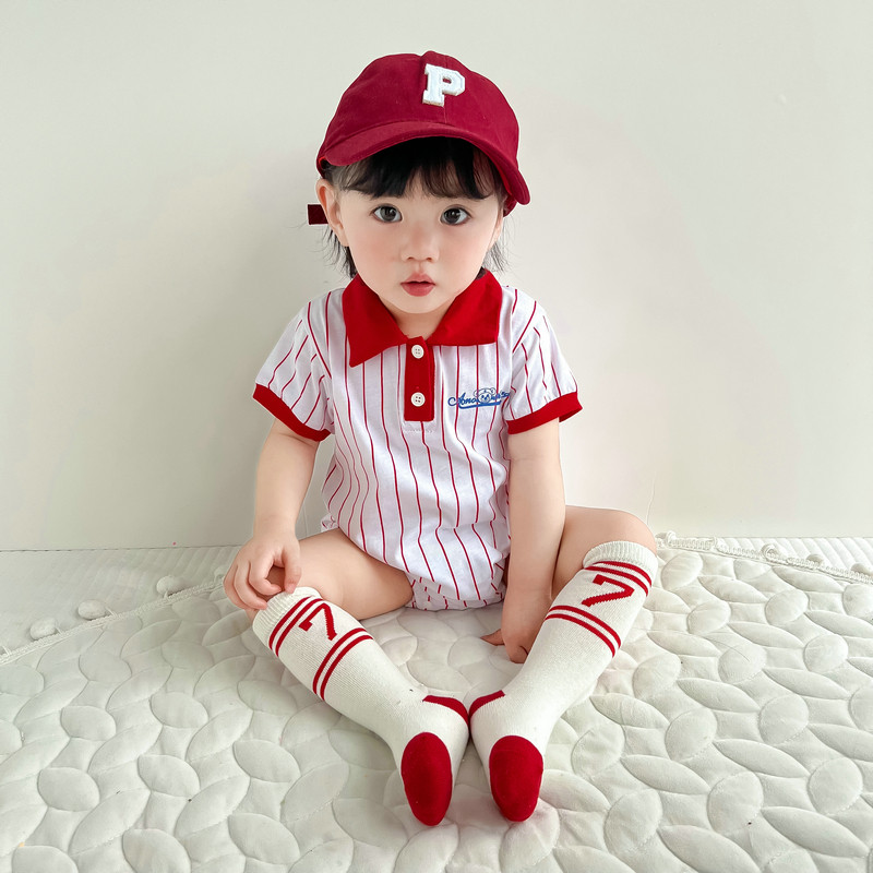翻领撞色印花短袖连体衣男女宝夏季婴童韩版可爱棒球服三角哈衣