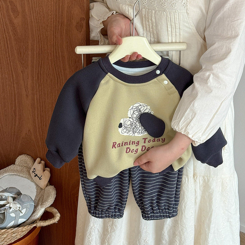 男童一体绒套装秋冬款男宝卡通加绒卫衣婴幼儿条纹卫裤两件套类