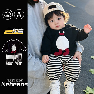 【企鹅上衣+条纹裤子】春秋男女宝卡通套装衣服韩版宽松潮款衣服