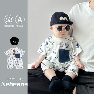 原创婴幼儿夏天柔软棉质连身衣字母潮款男女宝宝衣服哈衣爬服