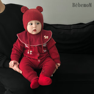 男童红色毛衣秋冬婴儿喜庆上衣小童拜年衣服女宝宝过年开衫女加厚