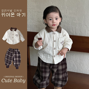 韩版小男孩深秋衬衫外套休闲裤两件套2025初冬男宝宝外出服潮