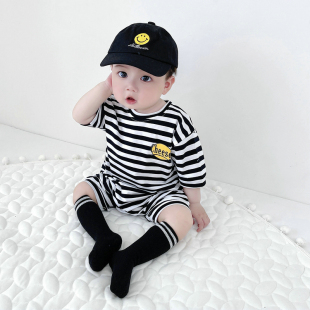 韩版婴幼儿连体衣夏季男宝宝爬服男童夏装条纹短袖哈衣笑脸家居服