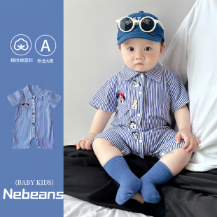 0-2岁潮款婴幼儿连身衣棉透气夏天男女宝宝翻领蓝色条纹哈衣爬服