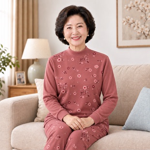 中老年人纯棉秋衣秋裤女士棉保暖内衣妈妈高领印花棉毛衫套装