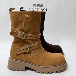 珠利莱2025专柜英伦风皮带扣骑士靴女冬季真皮厚底短靴帅气机车靴