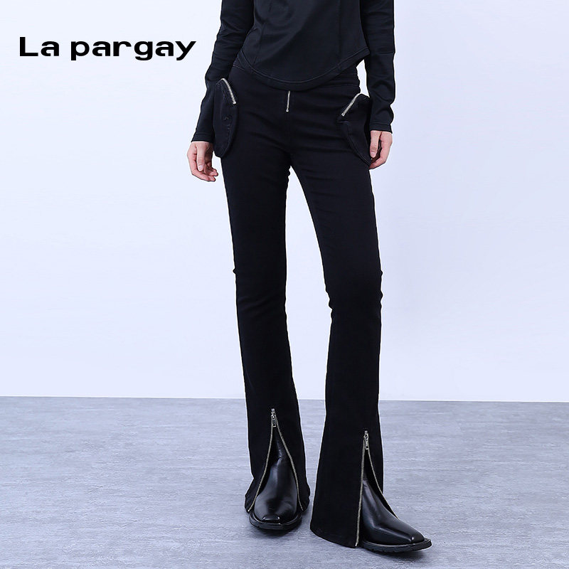 La pargay纳帕佳极简风高腰修身开叉微喇裤女黑色显瘦休闲长裤