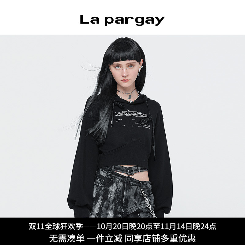 纳帕佳短款连帽纯棉卫衣2023秋冬新款黑色长袖套头设计感小众上衣