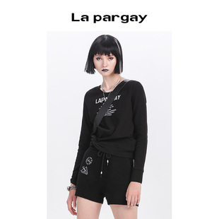 女装 针织衫 黑色上衣百搭修身 圆领短款 长袖 Lapargay纳帕佳2023新款