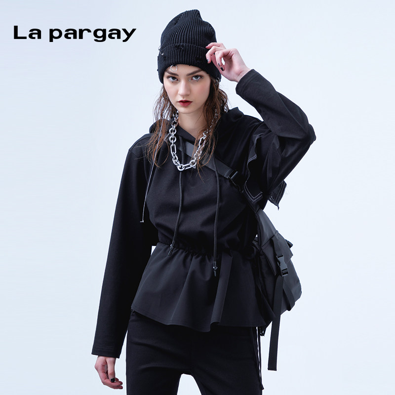 纳帕佳荷叶边装饰连帽套头卫衣2024春夏新款女式黑白色不规则上衣