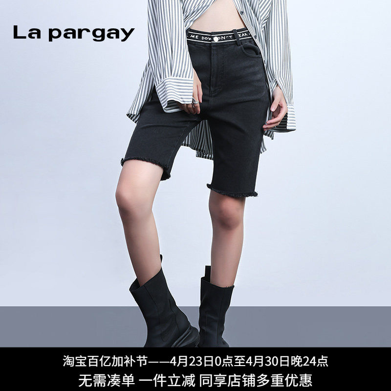 纳帕佳高腰字母牛仔骑行裤2024夏季新款女式黑色个性休闲五分裤子
