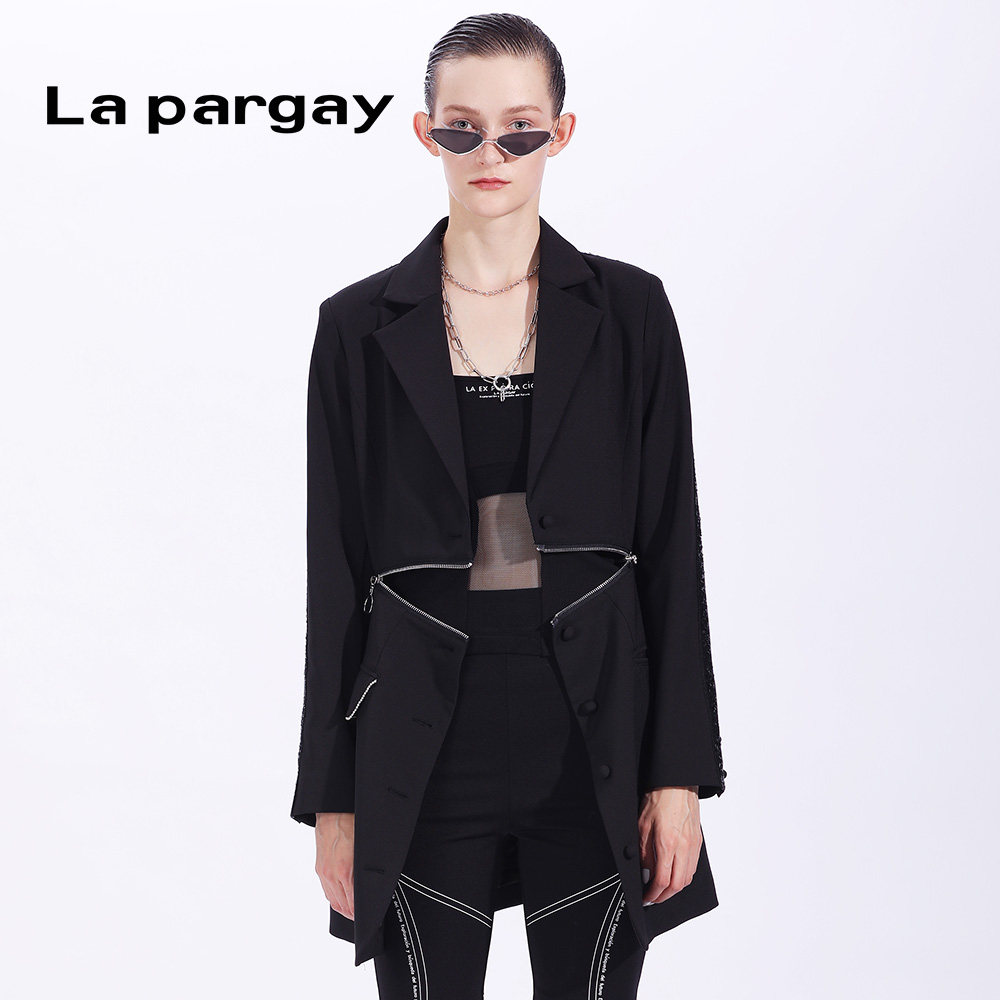 lapargay纳帕佳2024新款女装春季黑色百搭休闲宽松西装翻领外套