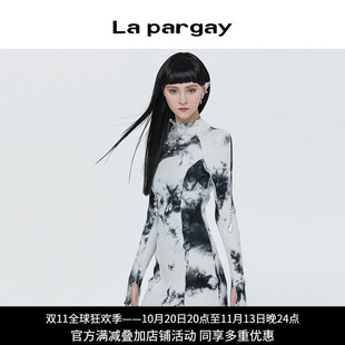 纳帕佳2023秋冬新款女式半高领扎染修身连身裙修身显瘦长袖套头款