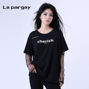 La pargay纳帕佳2023秋冬新款小众简约短袖t恤网纱拼接袖子上衣女