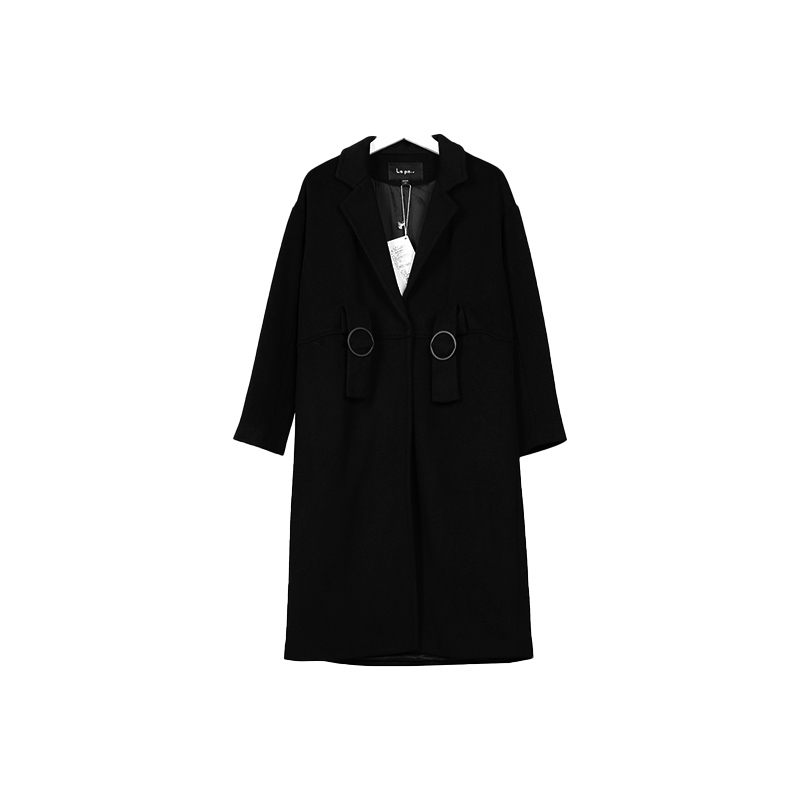 纳帕佳La paY－P冬新品黑色西装领长款毛呢大衣扩版型显瘦外套女