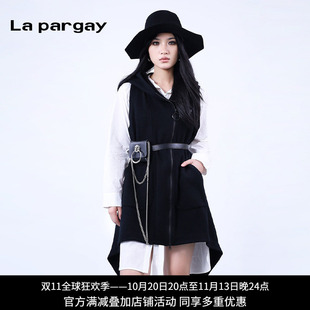 纳帕佳无袖不对称中长款连帽马甲2024年冬新款女式黑色设计感上衣