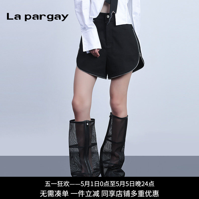 纳帕佳高腰侧边开叉短裤2024夏季新款女式黑色个性休闲设计感裤子
