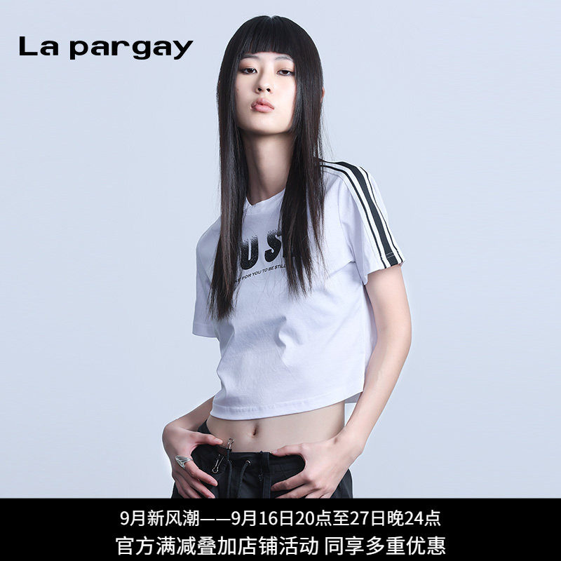 纳帕佳条纹露脐修身短袖T恤女