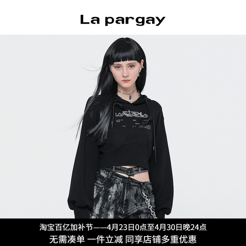 纳帕佳短款连帽纯棉卫衣2023秋冬新款黑色长袖套头设计感小众上衣