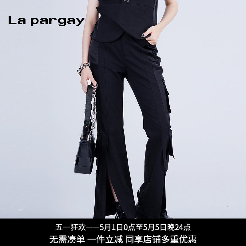 纳帕佳高腰口袋长款开叉喇叭裤2024春夏新款女式黑色个性休闲裤子