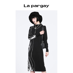 长袖 黑色裙子百搭修身 圆领毛织连衣裙 女装 Lapargay纳帕佳2023新款