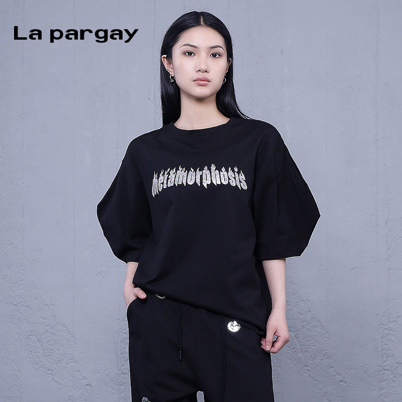 纳帕佳套头圆领泡泡袖T恤2024夏季新款女式黑色个性时尚休闲上衣