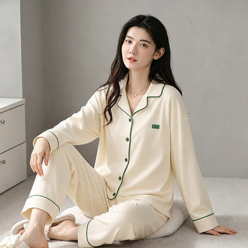 美梦2026新款春秋睡衣女士长袖纯棉法式简约翻领居家服套装透气家