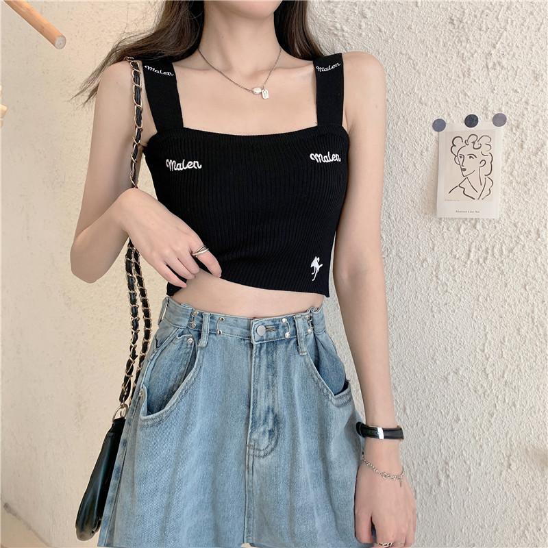 Real shot real price Korean embroidery alphabet short versatile thin knitting suspender vest for women