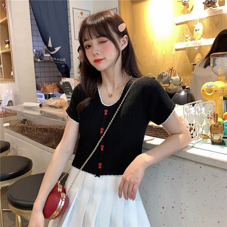 Real photo, real price, spring new style collar, short sleeve, knitted T-shirt, short model, belly button top, female
