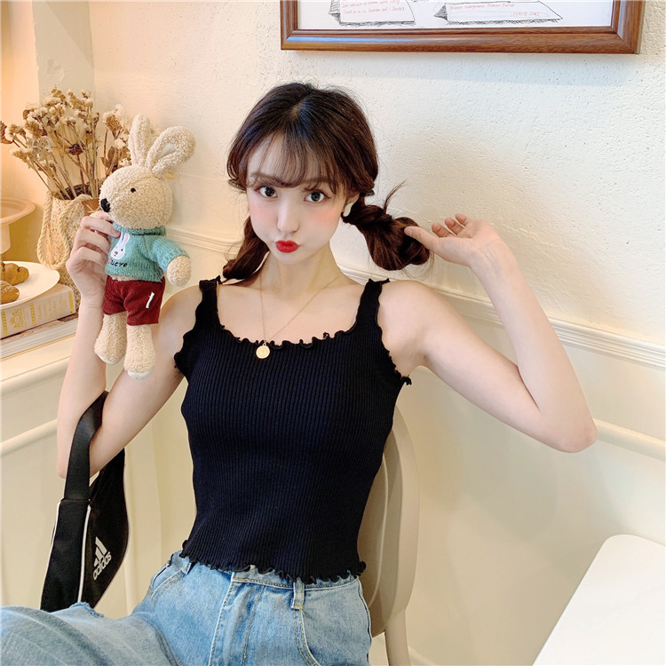 Real shooting and real price Korean ear edge knitted vest with thin and short suspender top in summer