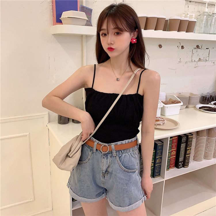 Real shot real price Korean knitted pleated suspender vest versatile temperament sleeveless undergarment woman