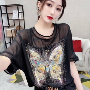 TR21519# 欧洲站夏新款蝴蝶印花重工烫钻宽松T恤女薄款冰丝上衣雪纺衫